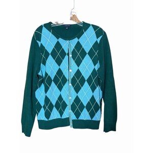 Lands End Womens Cardigan Size L Supima Cotton Argyle Sweater Green Blue Preppy